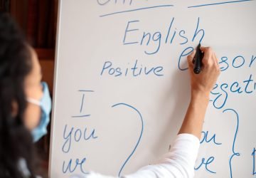Education During Pandemic Concept. Over the shoulder view of professional English teacher in medical mask standing at whiteboard, writing with marker. Young female lecturer explaining grammar rules